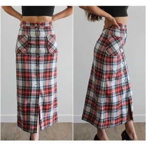Plaid Red White Wool Midi/ Maxi Button Down Skirt
